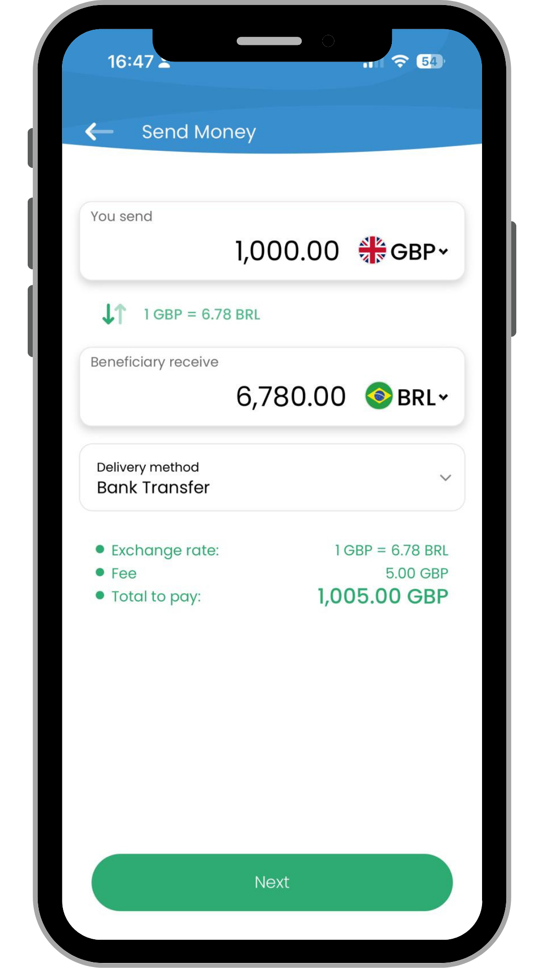 Master Transfer app Send Money screen showing the GBP to BRL rate, fee and total to pay